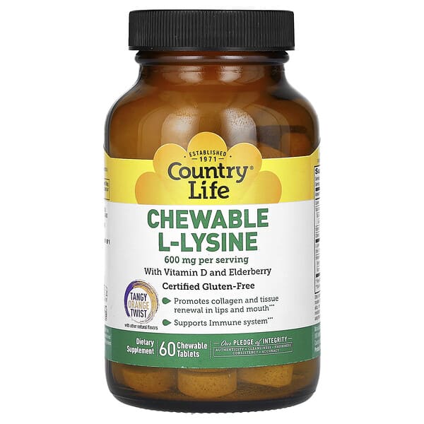 Country Life, Chewable L-Lysine With Vitamin D and Elderberry, Tangy Orange Twist, 600 mg, 60 Chewable Tablets (300 mg per Tablet)