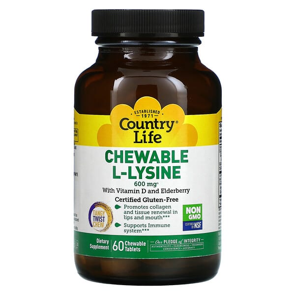 Country Life, Chewable L-Lysine, With Vitamin D and Elderberry, 300 mg, 60 Chewable Tablets