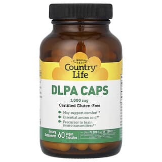 Country Life, DLPA (DL-фенилаланин) в капсулах, 1000 мг, 60 веганских капсул