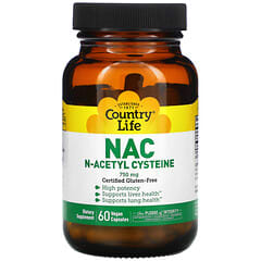 Country Life, NAC, N-Acetyl Cysteine, 750 mg, 60 Vegan Capsules