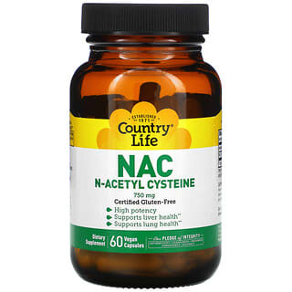 Country Life, NAC, N-Acetilcisteína, 750 mg, 60 Cápsulas Vegetais