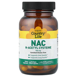Country Life, NAC, N-acetilcisteína, 750 mg, 60 cápsulas veganas