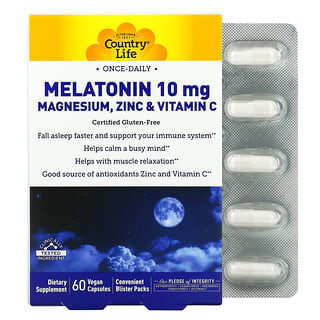 Country Life, Melatonina 10 mg, Magnésio, Zinco e Vitamina C, 60 Cápsulas Veganas