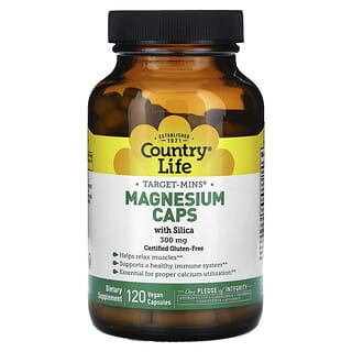 Country Life, Target-Mins, kapsułki magnezowe z krzemionką, 300 mg, 120 kapsułek wegańskich