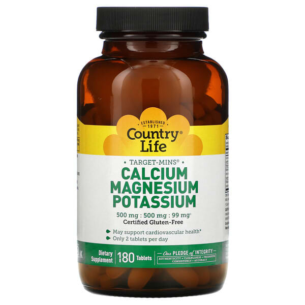 Country Life, Target-Mins, Calcium, Magnesium, Potassium, Calcium, Magnesium und Kalium, 180 Tabletten