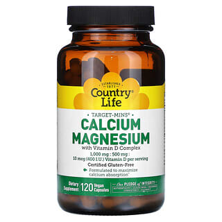 Country Life, Target-Mins Calcio y magnesio con complejo de vitamina D, 120 cápsulas veganas