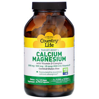 Country Life, Target-Mins Calcium Magnésium avec complexe de vitamine D, 240 capsules véganes