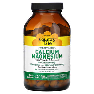 Country Life, 비타민D 복합체가 함유된 Target-Mins 칼슘 마그네슘, 베지 캡슐 240정
