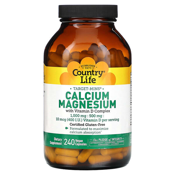 Country Life, Target-Mins Calcio y magnesio con complejo de vitamina D, 240 cápsulas veganas