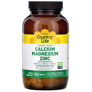 Country Life, Target-Mins Calcio, magnesio y zinc con vitamina D, 180 comprimidos