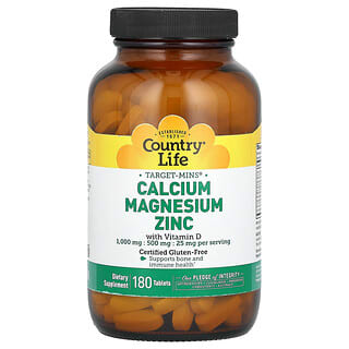 Country Life, Target-Mins, Calcium Magnésium Zinc avec vitamine D, 180 comprimés