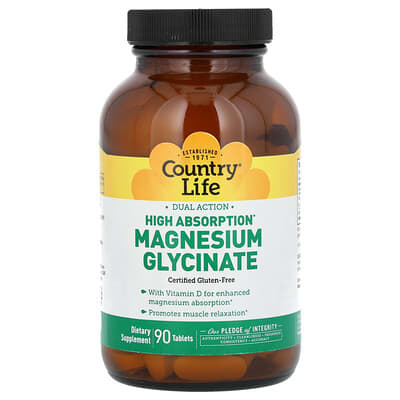 Country Life, Dual Action, High Absorption Magnesium Glycinate, 90 Tablets