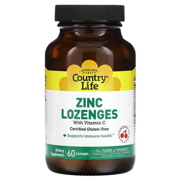 Country Life, Pastillas de zinc con vitamina C, Cereza, 60 pastillas