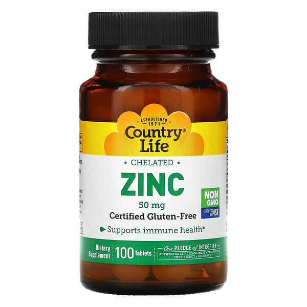 Country Life, Zinc chélaté, 50 mg, 100 comprimés