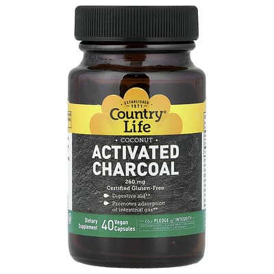 Country Life, Activated Charcoal, Coconut Fragrance, 40 Vegan Capsules (260 mg per capsule)