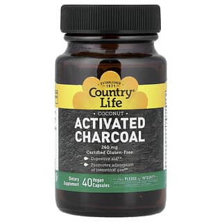 Country Life, Charbon actif à la noix de coco, 40 capsules vegan (260 mg par capsule)