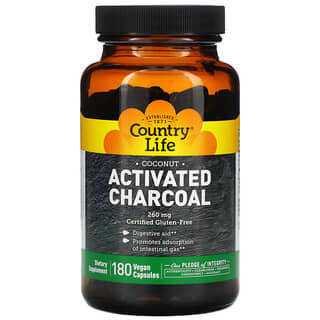Country Life, Charbon actif, 260 mg, 180 capsules vegan