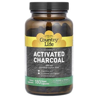 Country Life, Carbón vegetal activado, Coco, 520 mg, 180 cápsulas veganas (260 mg por cápsula)