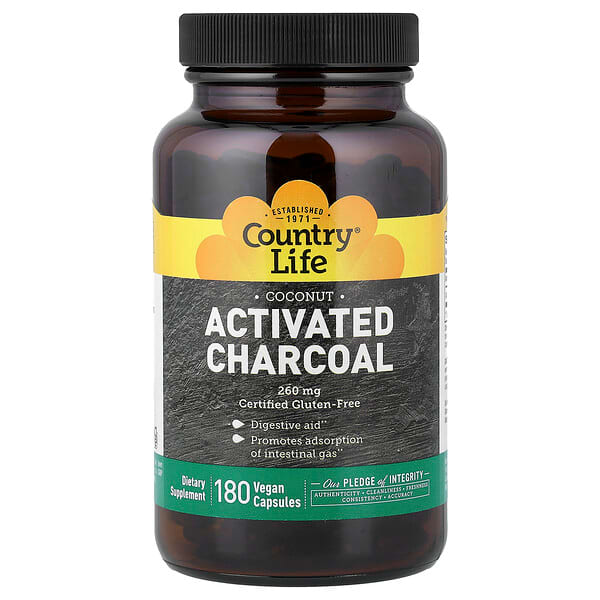 Country Life, Activated Charcoal, Coconut, 180 Vegan Capsules (260 mg per Capsule) — product photo 1