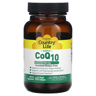 Country Life, Simply CoQ10, 100 mg, 60 cápsulas blandas veganas