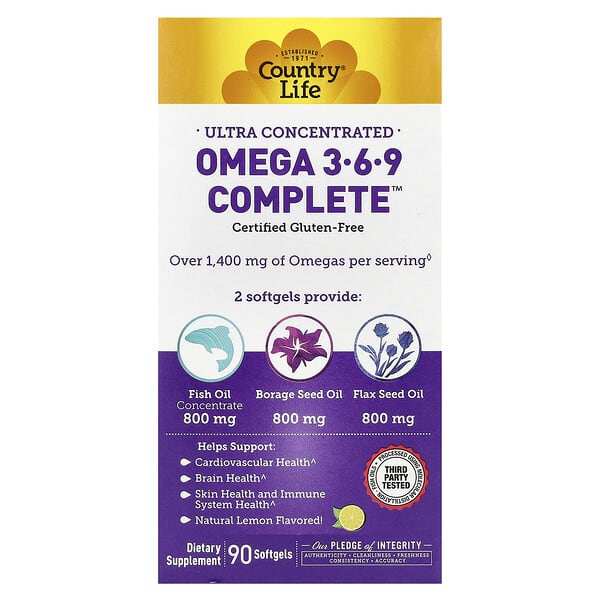 Country Life Ultra Concentrated Omega 3-6-9 Complete, Natural Lemon, 90 Softgels