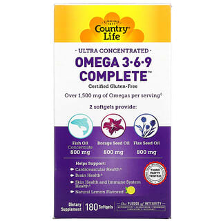 Country Life, Omega 3-6-9 Complete（オメガ3-6-9コンプリート）、超濃縮、天然レモン、ソフトジェル180粒