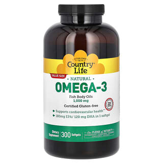 Country Life, Omega 3 naturali, 1.000 mg, 300 capsule molli