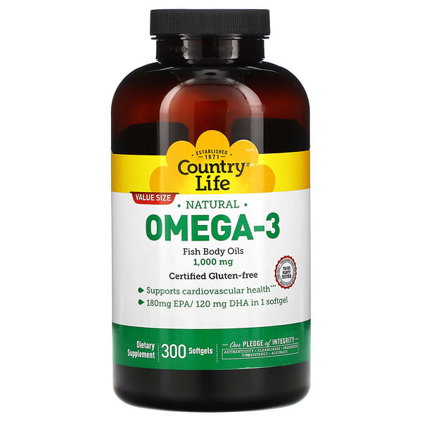 Country Life, Omega-3 natural, 1000 mg, 300 cápsulas blandas