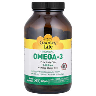 Country Life, Naturalne kwasy omega-3, 1000 mg, 200 kapsułek miękkich