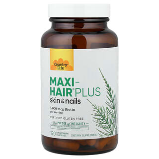 Country Life, Maxi-Hair Plus, Suplemento para favorecer la salud del cabello, la piel y las uñas, 120 cápsulas vegetales