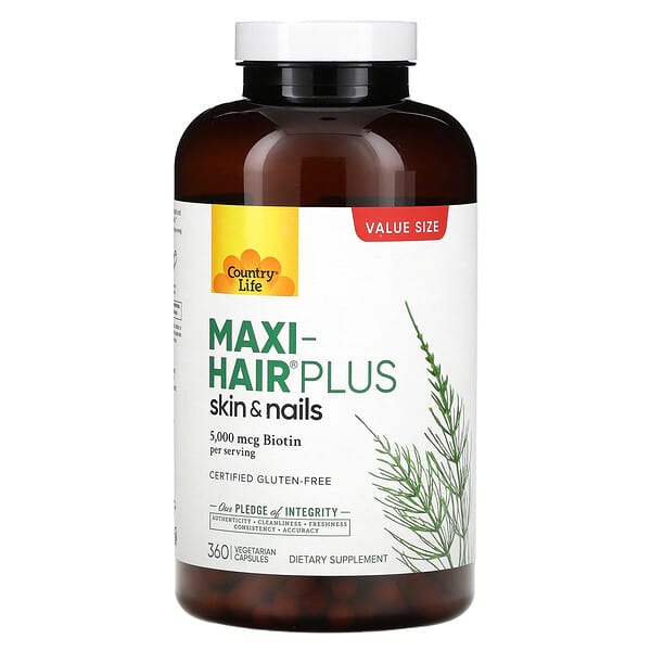 Country Life, Maxi-Hair Plus, 5,000 mcg, 360 Vegetarian Capsules (1,250 ...
