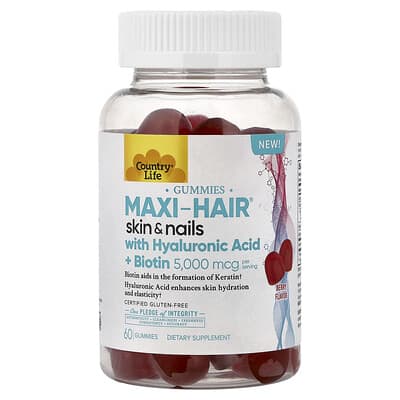 Country Life, Maxi-Hair® Skin & Nail Gummies, with Hyaluronic Acid + Biovitamins, Berry Flavor, 60 Gummies