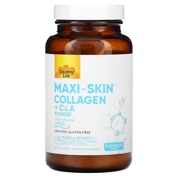 Country Life, Maxi-Skin 膠原蛋白 + 維生素 C/A 營養粉，原味，2.74 盎司（78 克）