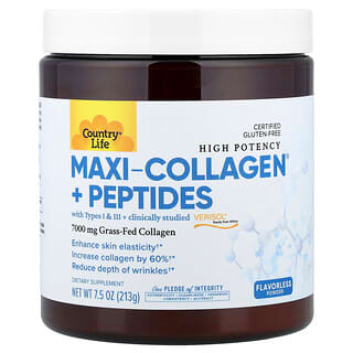 Country Life, Maxi-Collagen® + peptidy s vysokou účinností, bez příchuti, 213 g (7,5 oz)