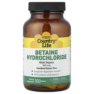 Country Life, Betaine Hydrochloride with Pepsin, 600 mg, 100 Tablets