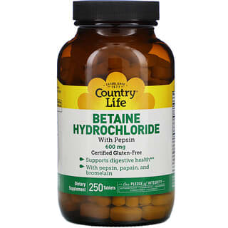 Country Life, Chlorhydrate de bétaïne avec pepsine, 600 mg, 250 comprimés