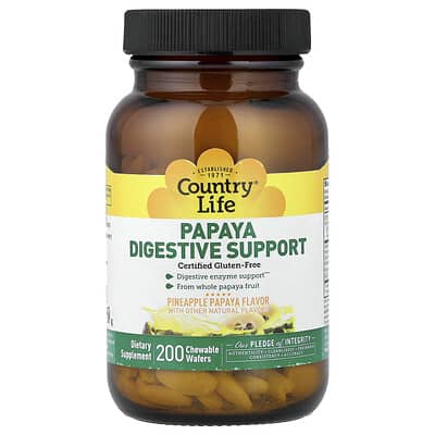 Country Life, Papaya Digestive Support, Pineapple Papaya Flavor, 200 Chewable Tablets