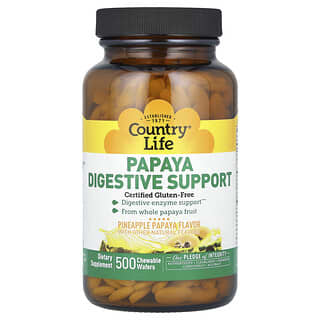 Country Life‏, Papaya Digestive Support, תוסף לתמיכה במערכת העיכול Papaya, פפאיה אננס, 500 רקיקים לעיסים