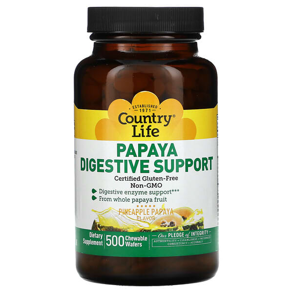 Country Life, Papaya Digestive Support, Pineapple Papaya, 500 Chewable Wafers