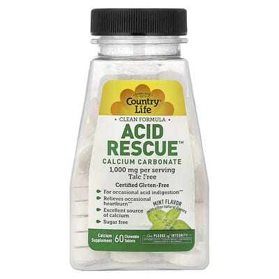 Country Life, Acid Rescue, Calcium Carbonate, Mint Flavor, 1000 mg, 60 Chewable Tablets (500 mg Each)