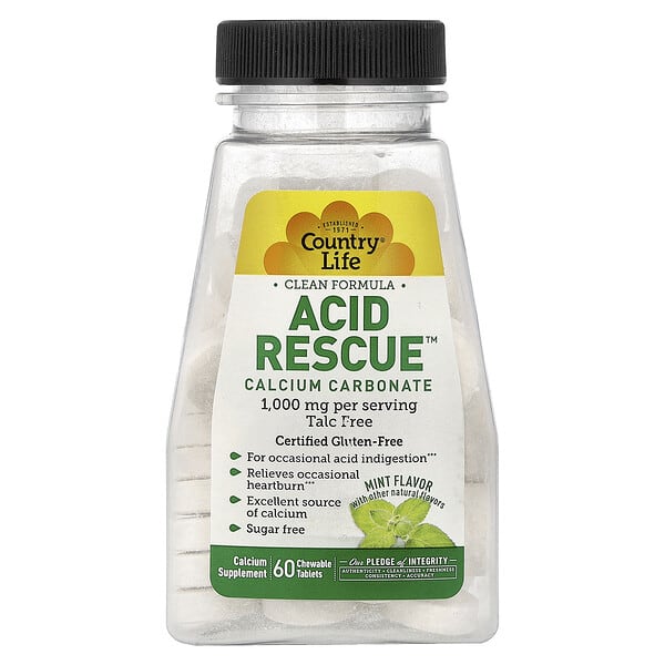 Country Life, Acid Rescue™, 탄산칼슘, 민트 맛, 츄어블 60정