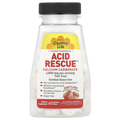 Country Life, Acid Rescue, Calcium Carbonate, Berry Flavor, 1000 mg, 60 Chewable Tablets (500 mg Each)