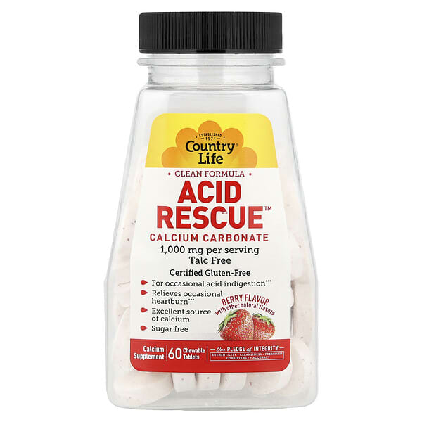 Country Life, Acid Rescue™, Calcium Carbonate, Berry, 60 Chewable Tablets — product photo 1