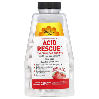 Country Life, Acid Rescue, Calcium Carbonate, Berry Flavor, 1000 mg, 220 Chewable Tablets (500 mg Each)