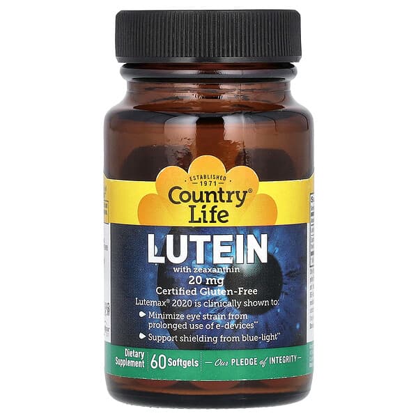 Country Life, 含玉米黃質的葉黃素，20 毫克，60 粒軟凝膠