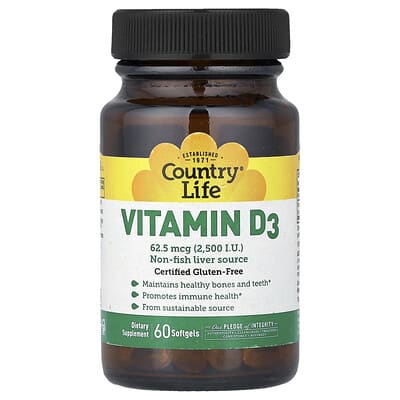 Country Life, Vitamin D3, 62.5 mcg (2500 IU), 60 Softgels