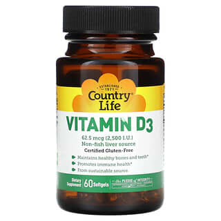 Country Life, Vitamina D3, 62,5 mcg (2500 UI), 60 cápsulas blandas