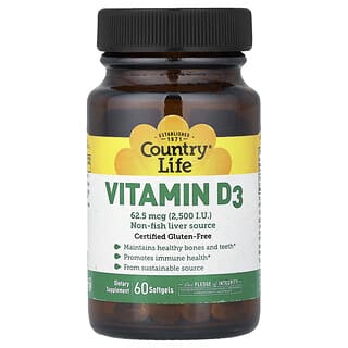 Country Life, Vitamina D3, 62,5 mcg (2500 UI), 60 cápsulas blandas