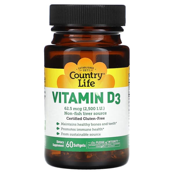 Vitamin D3, 62.5 mcg (2,500 IU), 60 Softgels