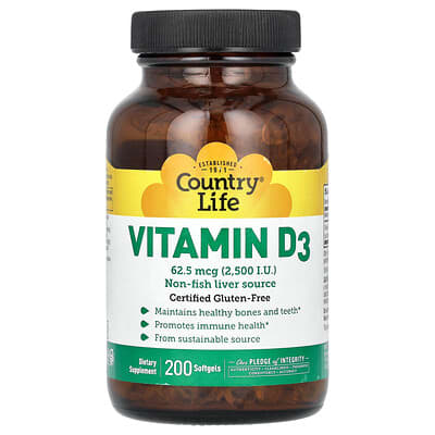 Country Life, Vitamin D3, 62.5 mcg (2,500 IU), 200 Softgels
